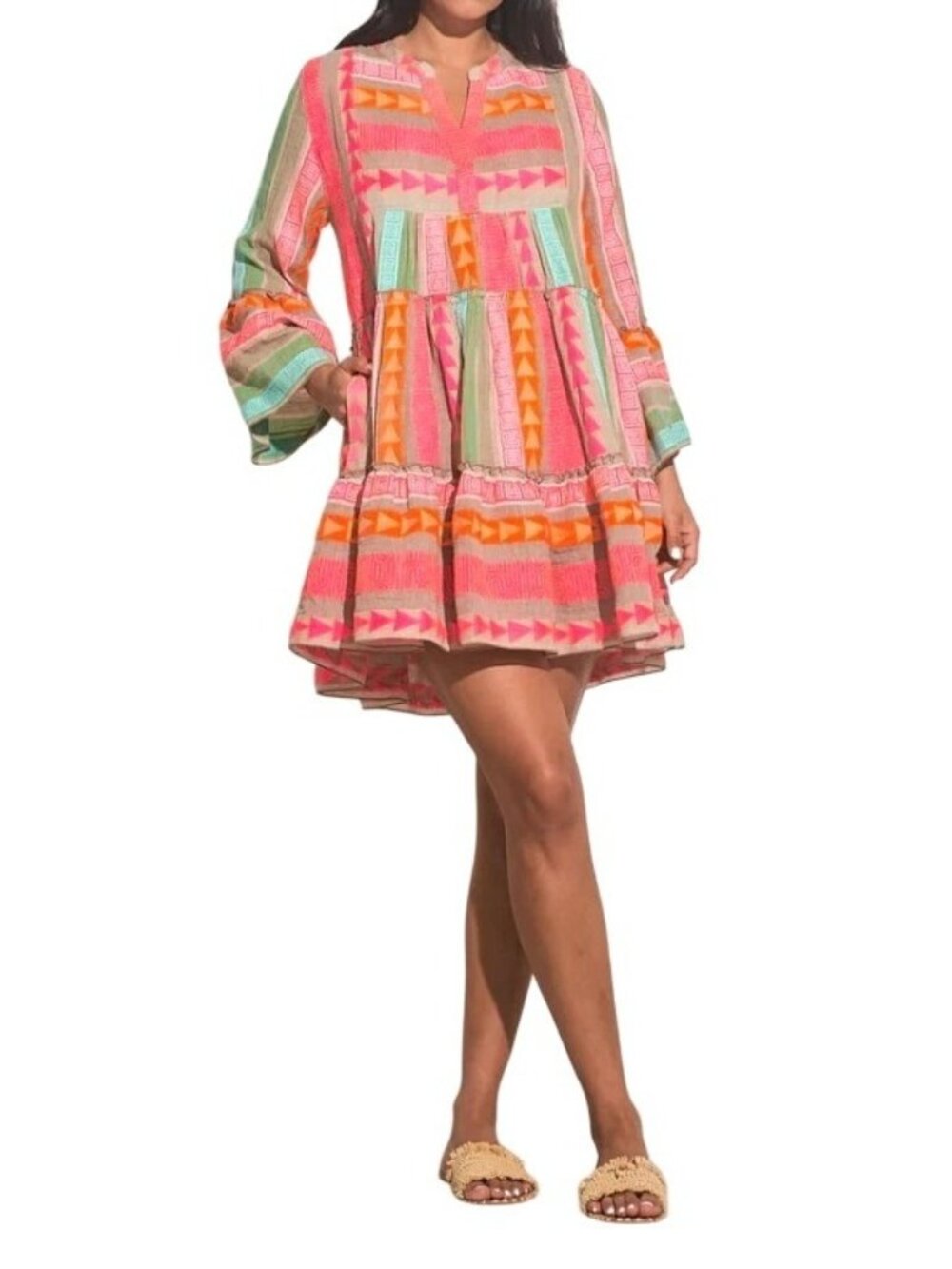 Anthropologie Luisa Perla Tiered Split Neck Bell Slevee Aztec Tribal Dress Small